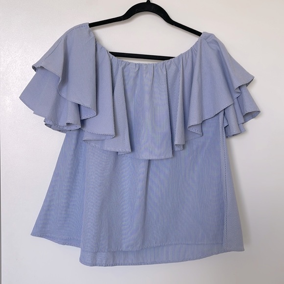 OFF-THE-SHOULDER BLUE RUFFLE TOP BLOUSE - Picture 2 of 5